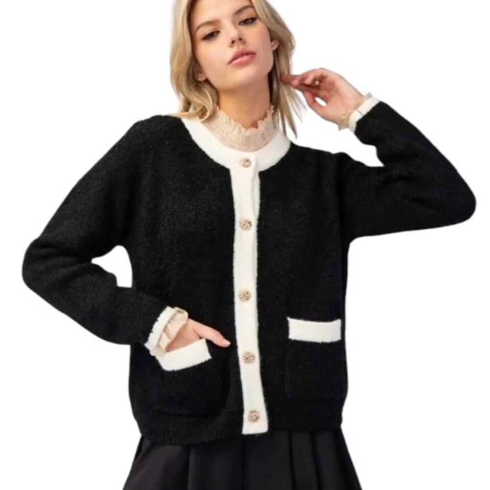Easel Black and Cream Cardigan, Size M